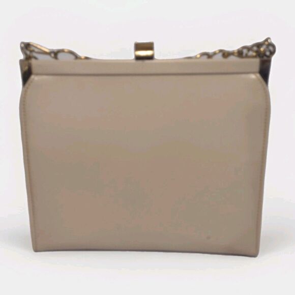 Vintage 50s Stylemark Hinged Beige Shoulder Bag Handbag Chunky Gold Chain Straps - Picture 4 of 14